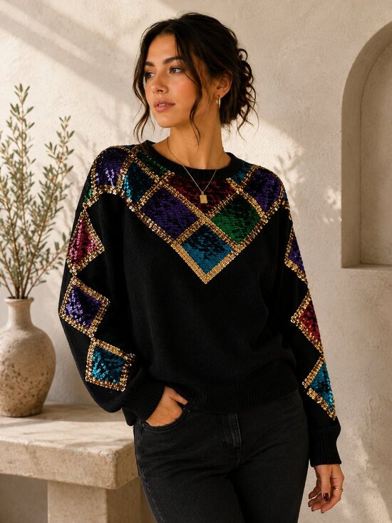 Rave Sweaters - Vintage RAVE Black Harlequin Sequin Sweater | Size L